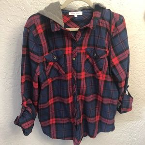 Long Sleeve Hooded Flannel Button Down